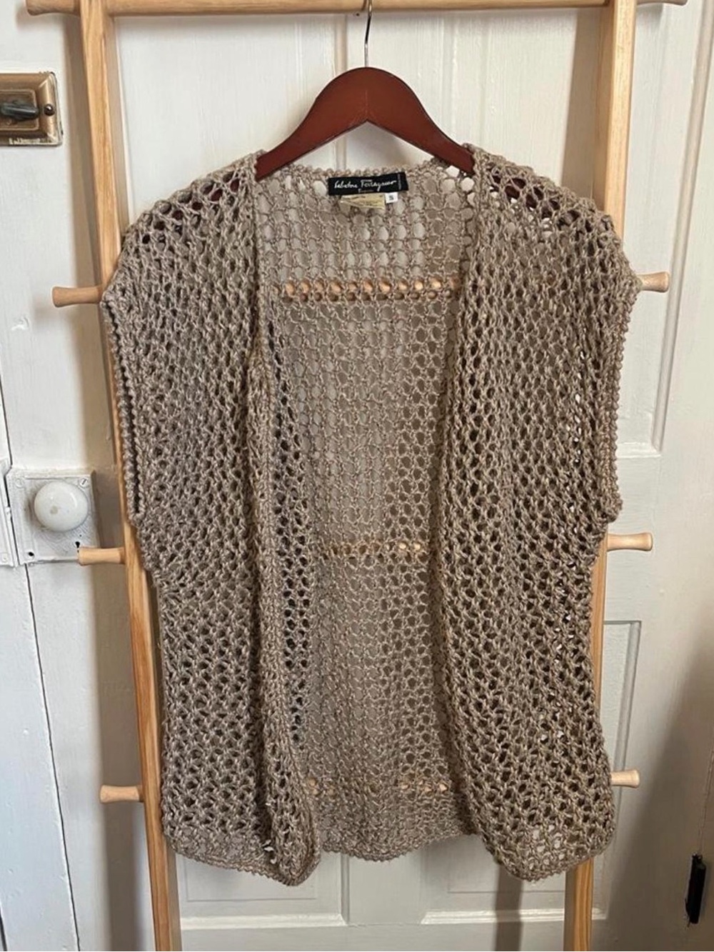 Salvatore Ferragamo Open-Knit Taupe Crochet Cardigan